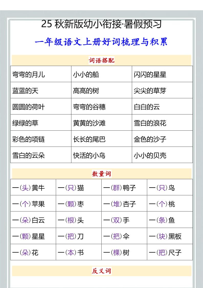 【2025秋新版】幼小衔接一年级语文上册好词梳理与积累-墨痕学科