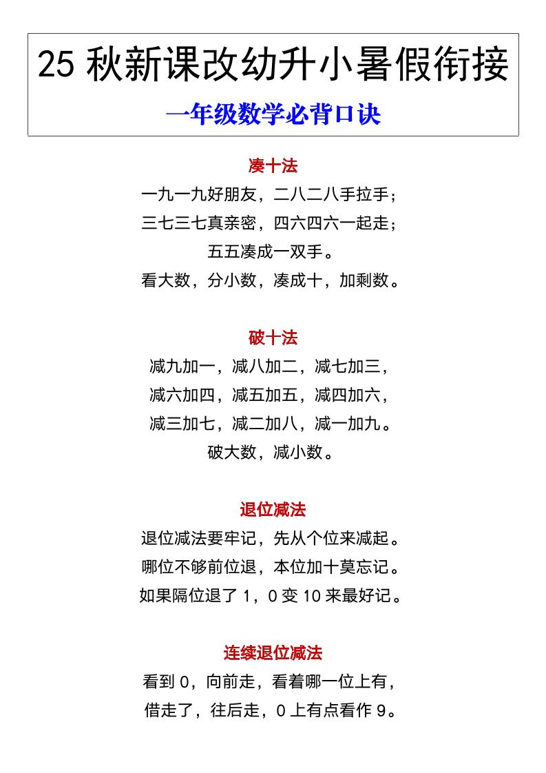 【2025秋新版】幼升小暑假衔接一年级数学必背口诀-一上数学-墨痕学科