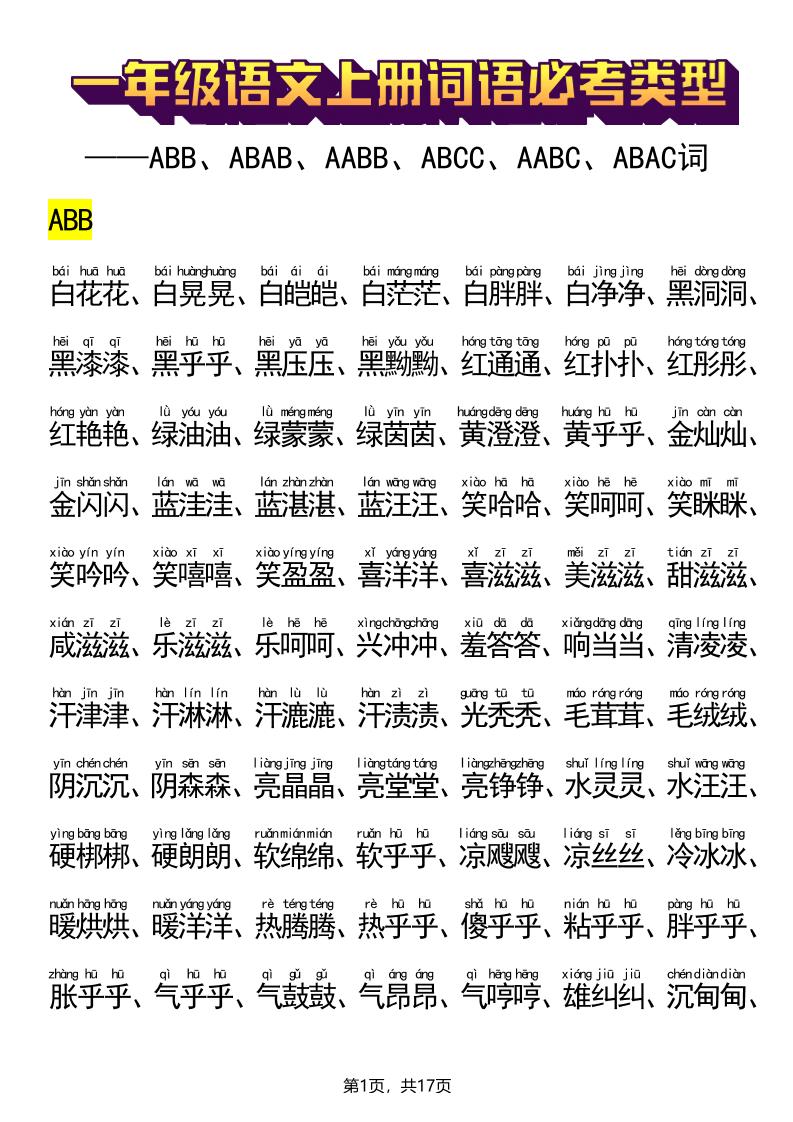 新一上语文词语必考类型(ABB、ABAB、AABB、ABCC、AABC、ABAC、ABCB类词语)17页-墨痕学科