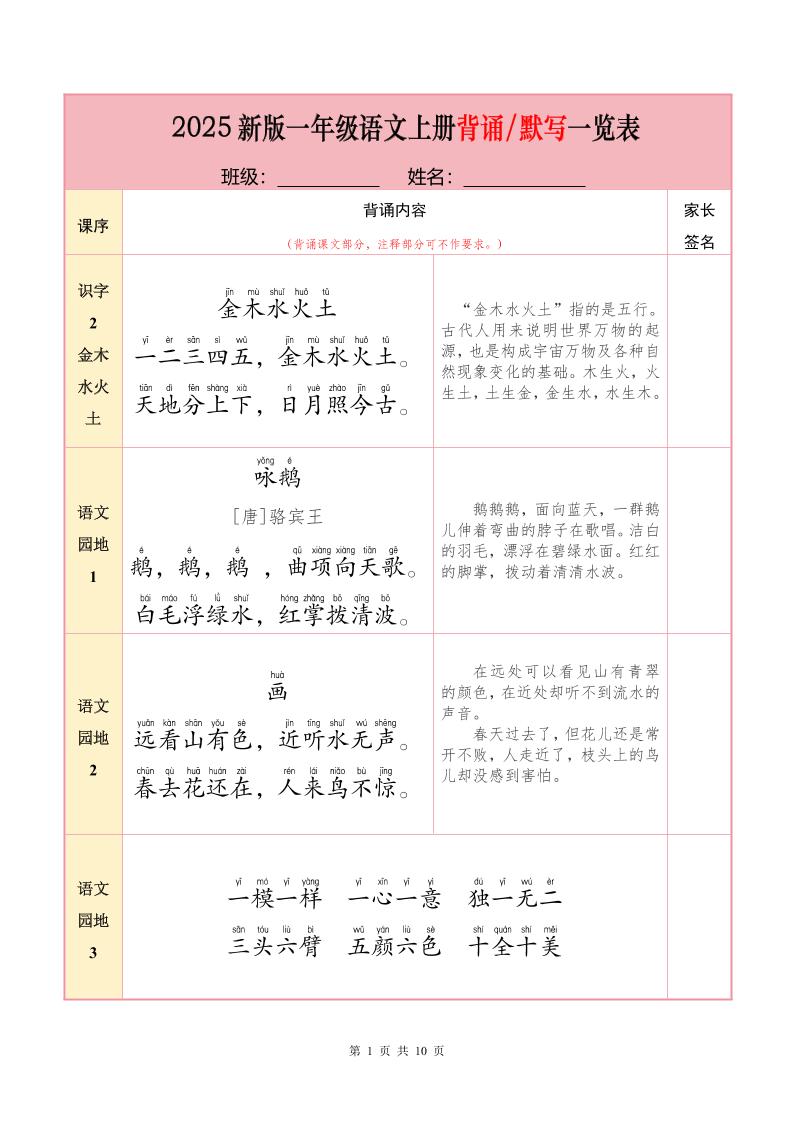 一上语文【25秋-必背内容+默写表】-墨痕学科