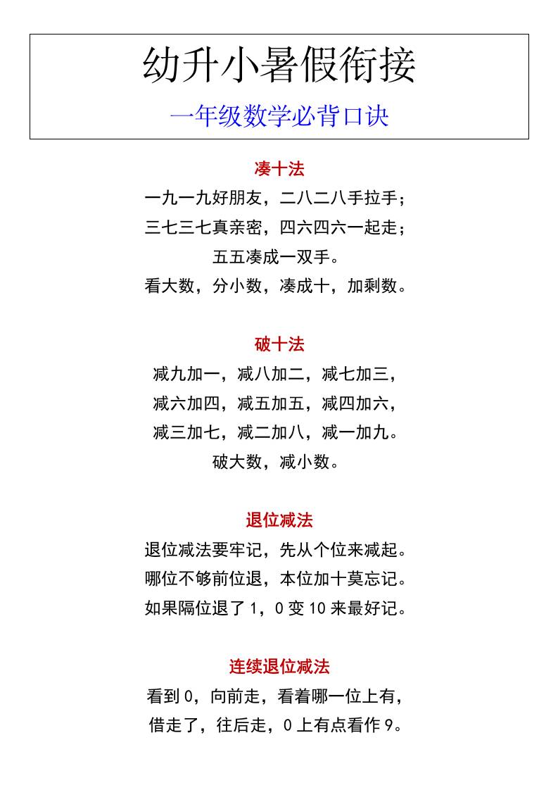 幼升小暑假衔接一年级数学必背口诀-墨痕学科