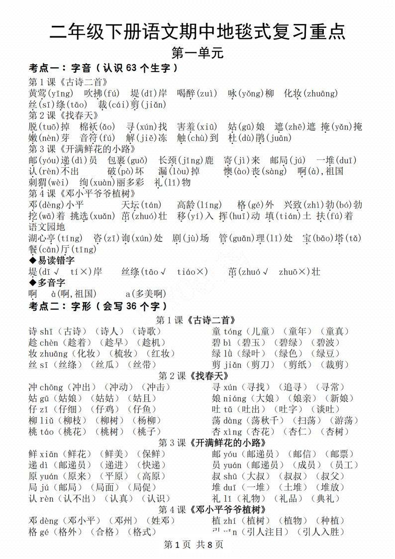 二年级下册语文期中地毯式复习重点8页-墨痕学科