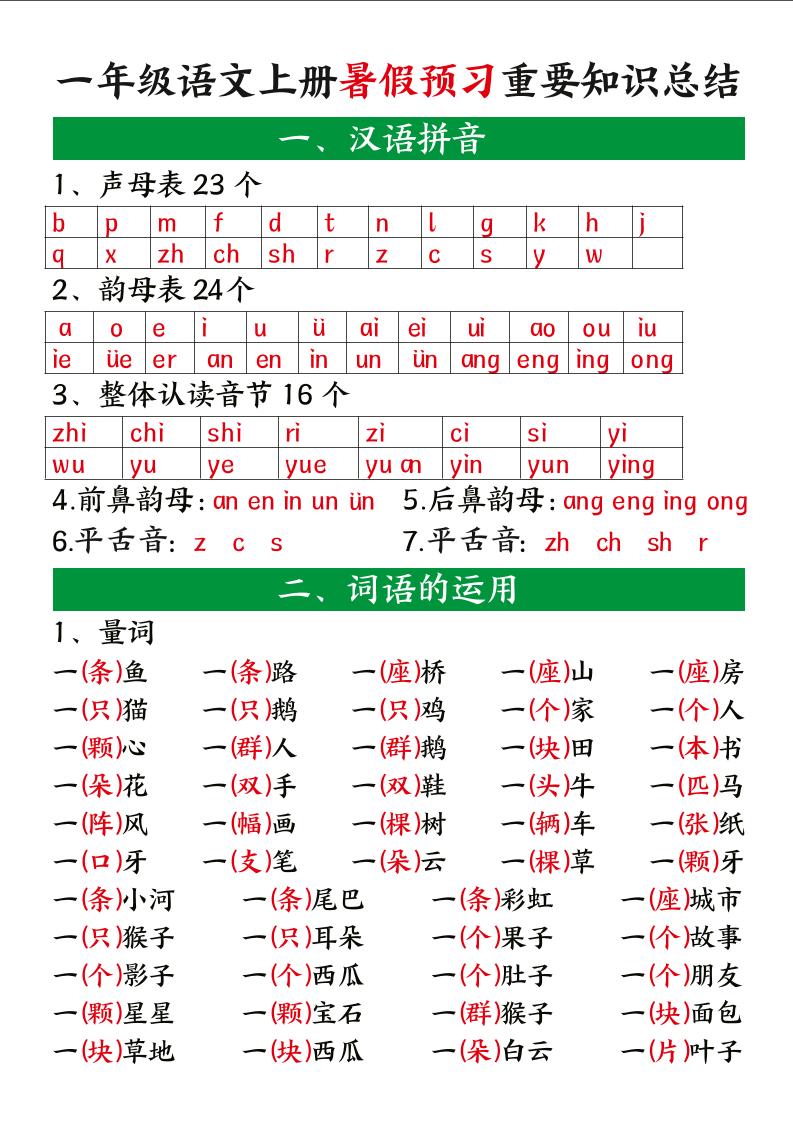 一上语文【暑假预习重要知识总结】-墨痕学科