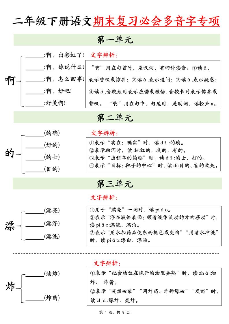 二下语文期末复习必会多音字专项练习（9页）-墨痕学科