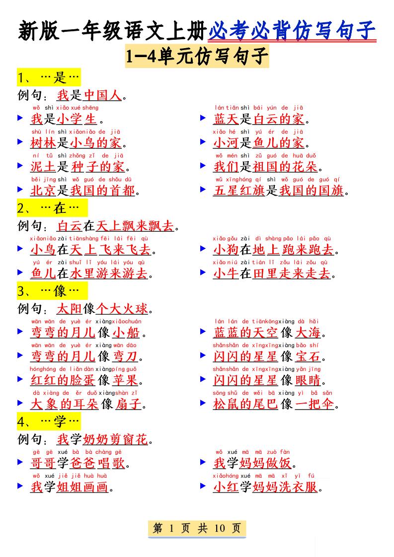 新一上语文必考必背仿写句子(含仿写练习10页)-墨痕学科