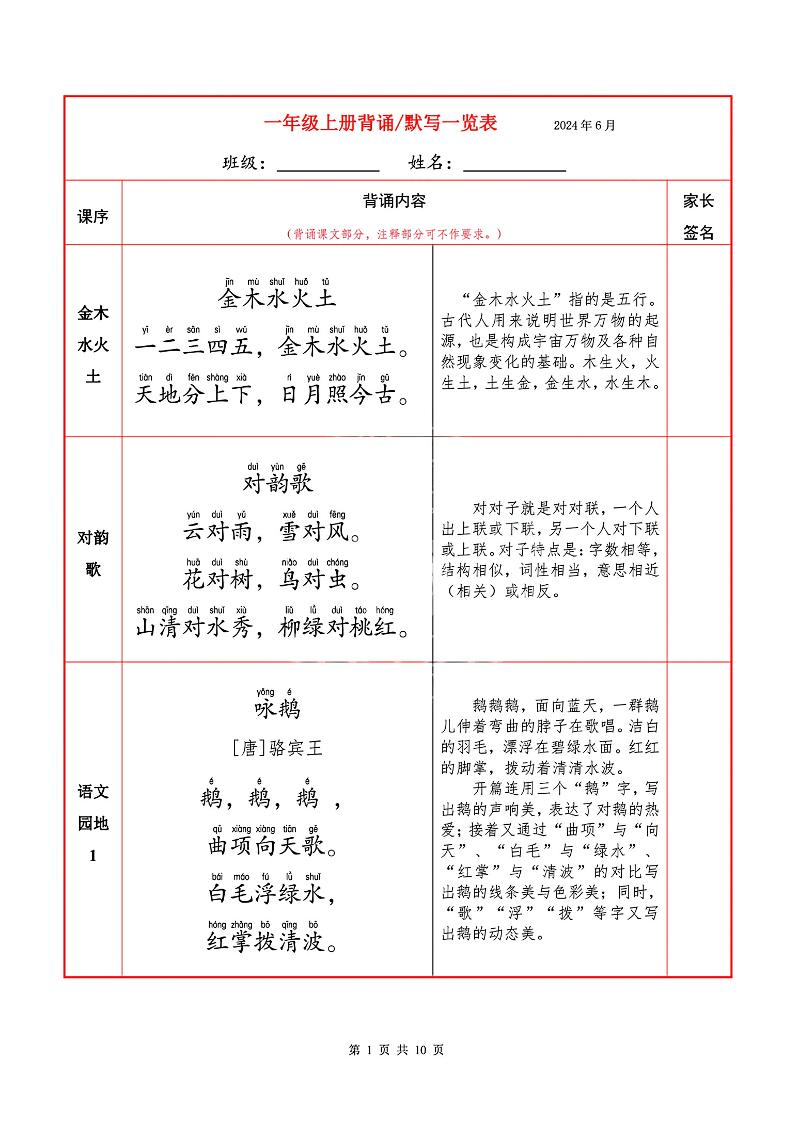 一上语文必背内容+默写表-墨痕学科