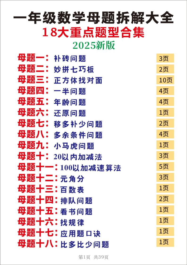 25一年级下册数学十八大母题重点题型39页-墨痕学科