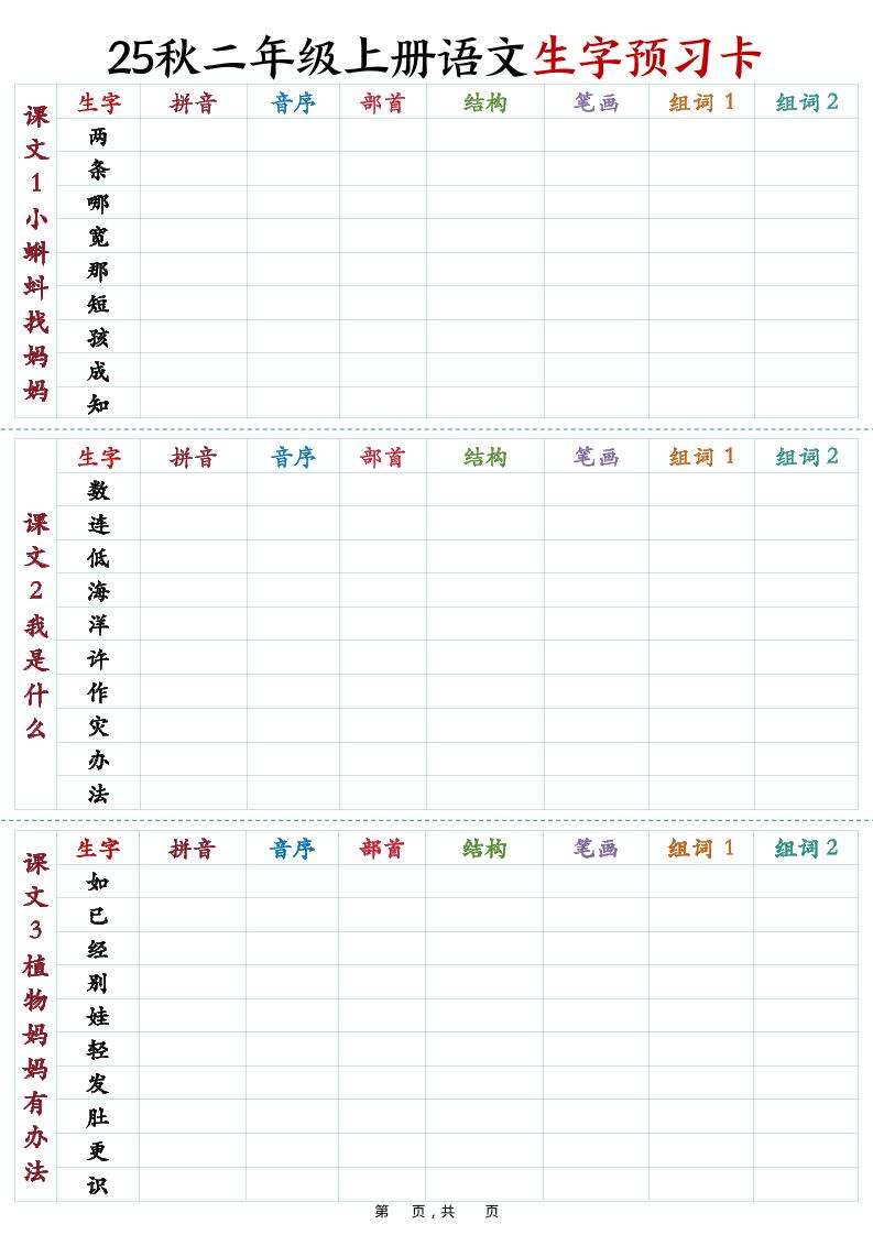 25秋新二上语文生字预习卡（11页）-墨痕学科