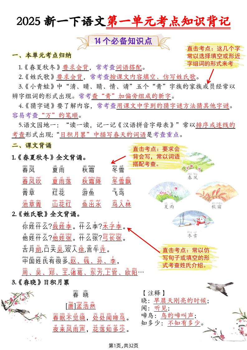 25新一下语文1-8单元考点知识背记（32页）-墨痕学科