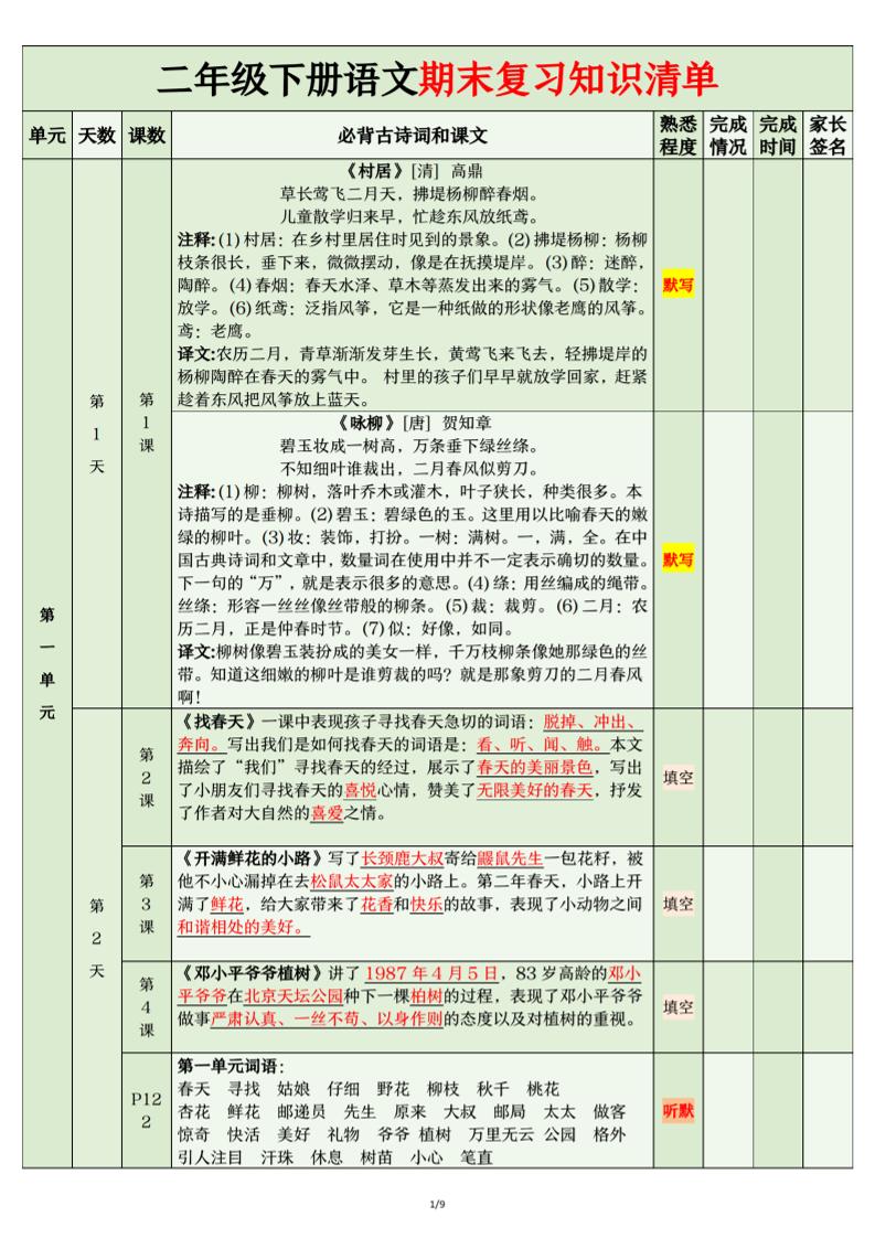 二年级下语文期末复习计划清单-墨痕学科
