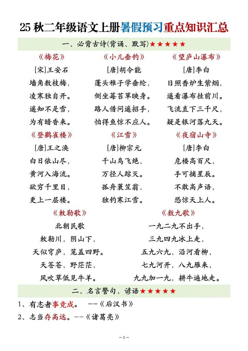 25秋二上语文暑假预习重点知识汇总20页-墨痕学科