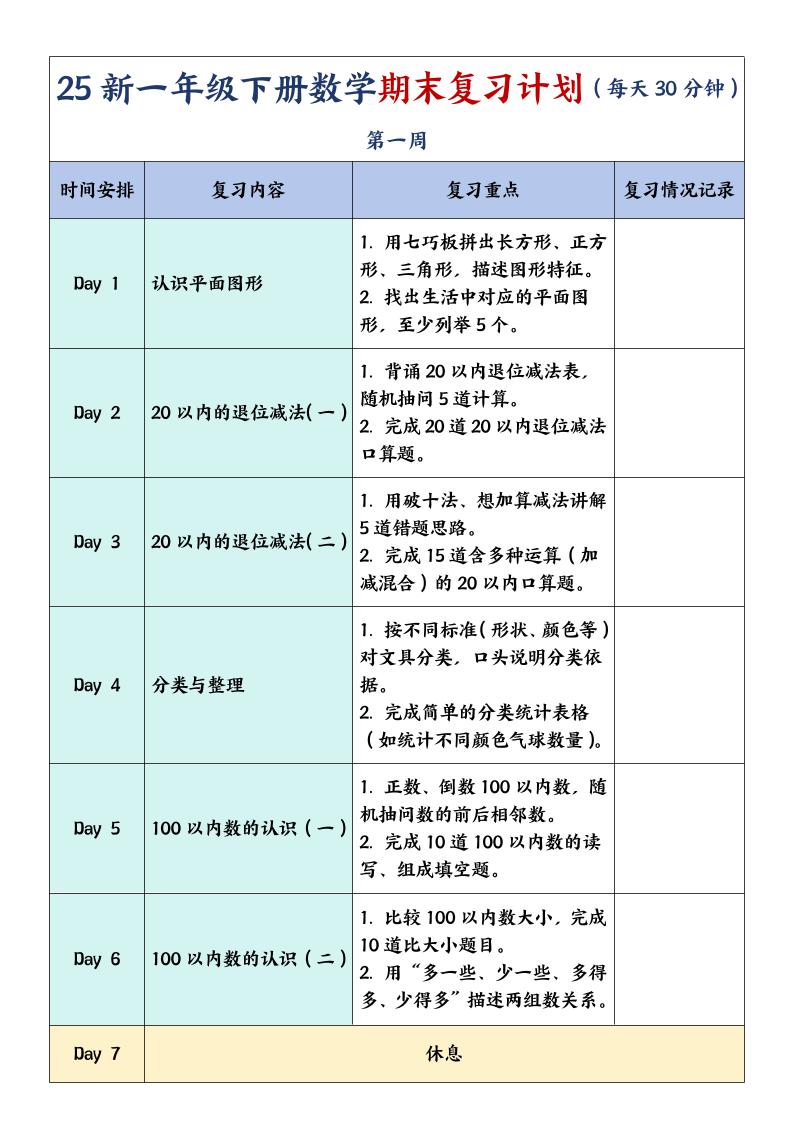 一下数学【期末复习计划】-墨痕学科