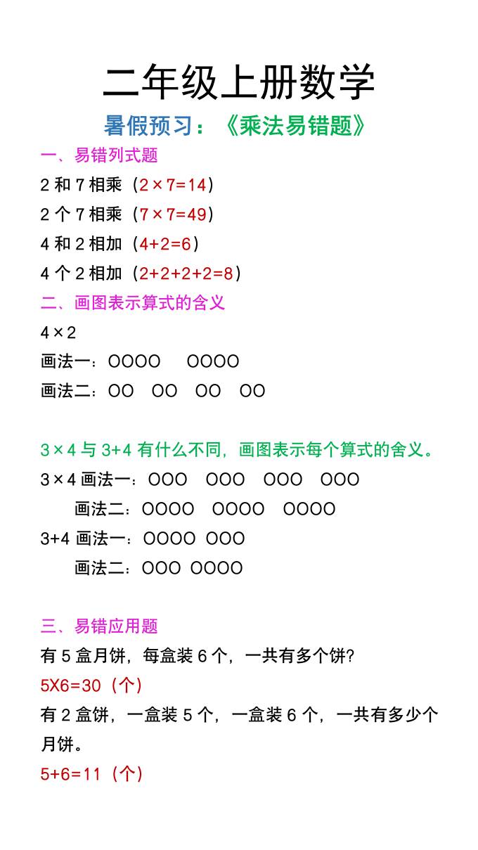 二年级上册数学暑假预习《乘法易错题》-墨痕学科