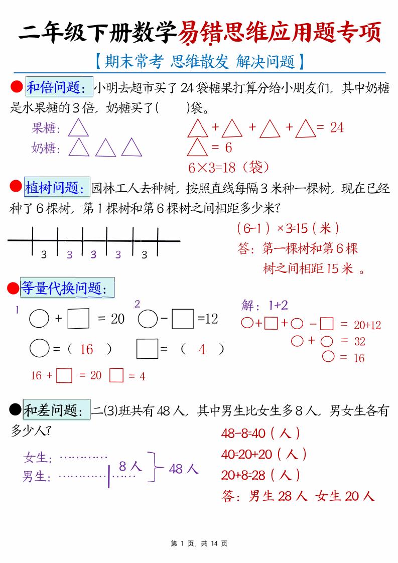 （期末常考30道母题）二年级下册数学易错思维应用题专项（练习题+答案）-墨痕学科