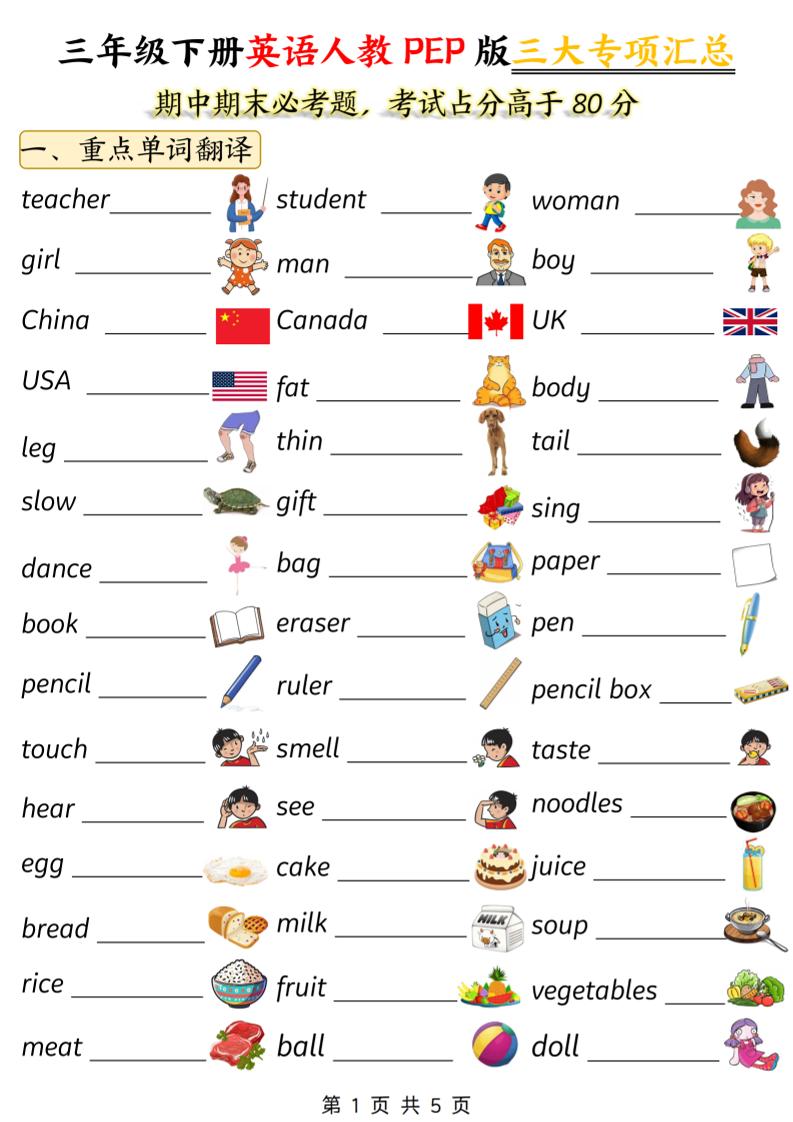 三下人教PEP版英语三大专项汇总5页-墨痕学科