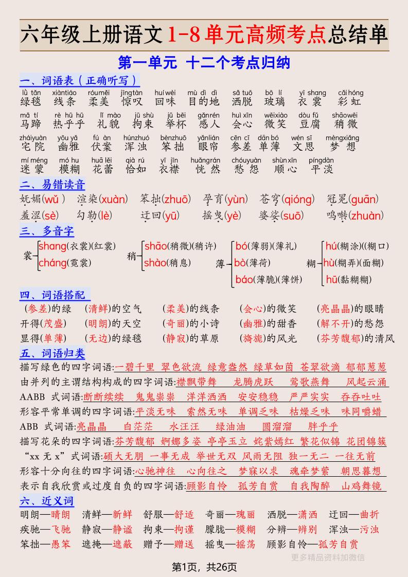 六年级上册语文1-8单元高频考点总结单-26页-墨痕学科