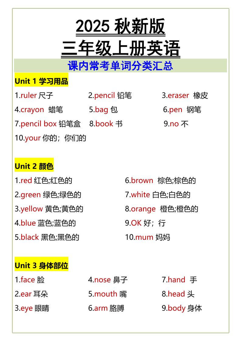 【2025秋新版】三年级上册英语课内常考单词分类汇总-墨痕学科