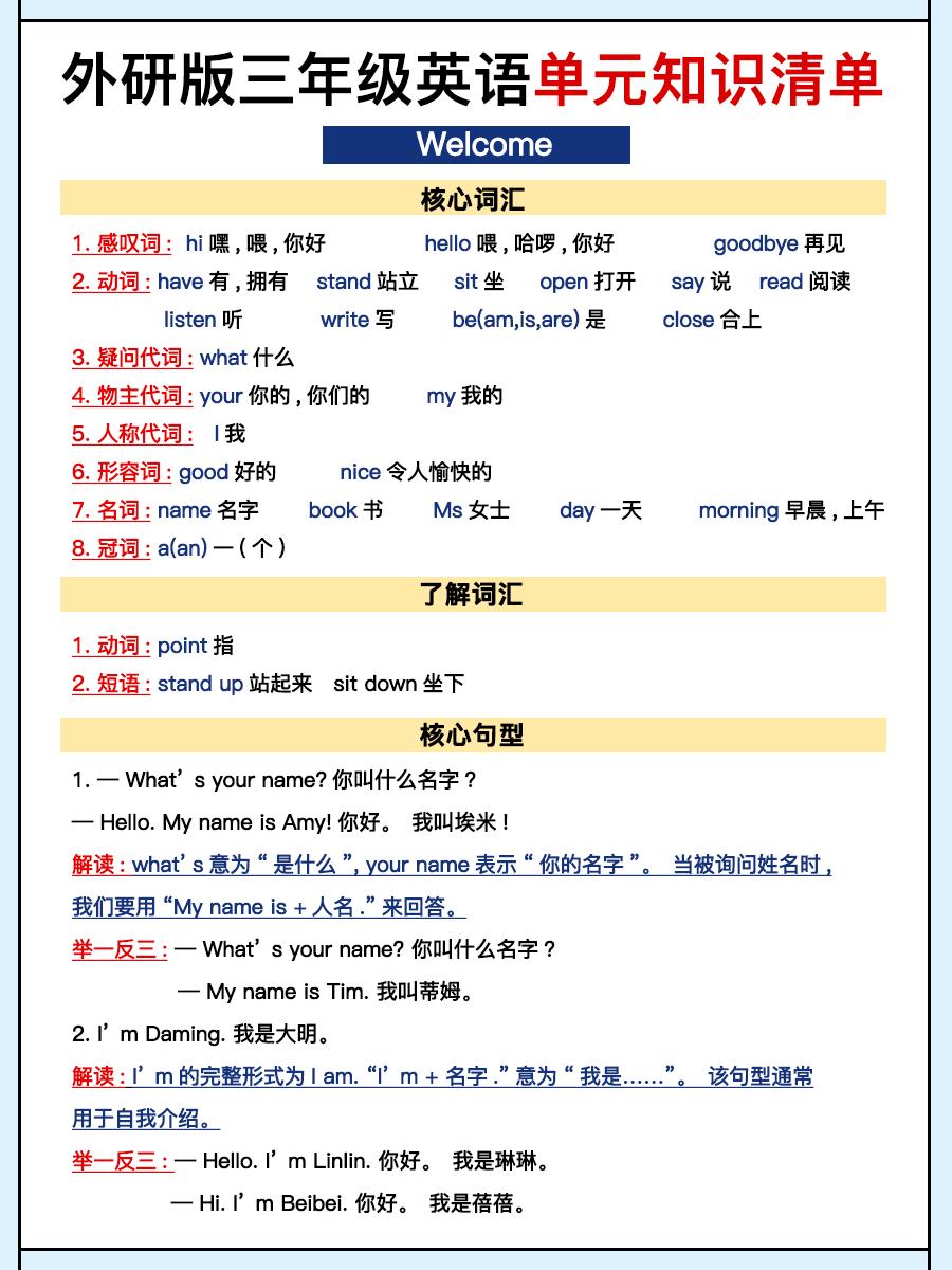 外研三上英语知识清单全-墨痕学科