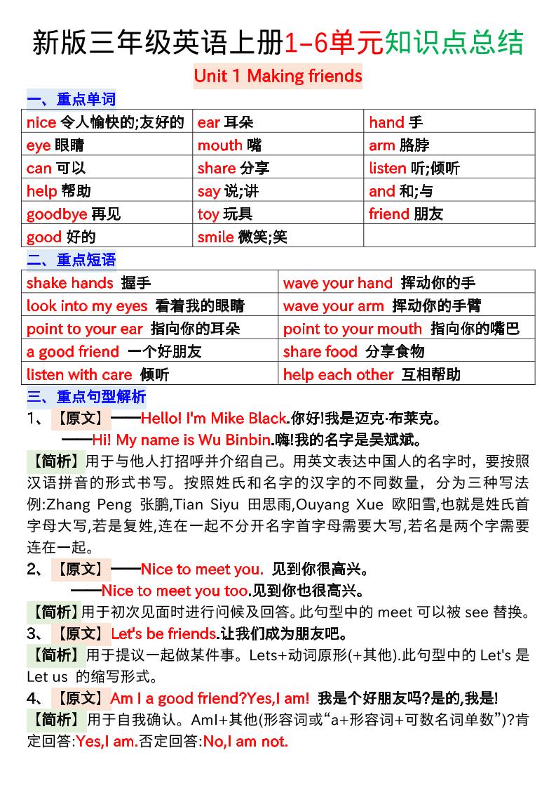 新版三年级英语上册1-6单元知识点总结-墨痕学科