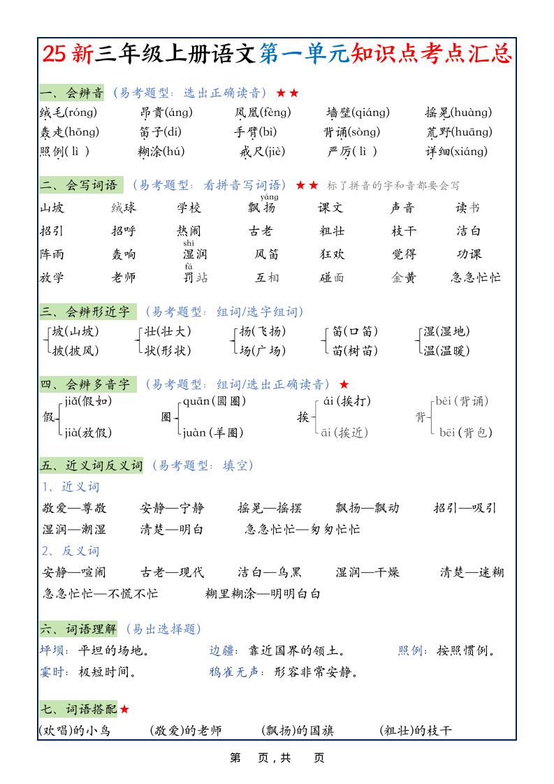 25新三上语文1-8单元知识点考点汇总（24页）-墨痕学科