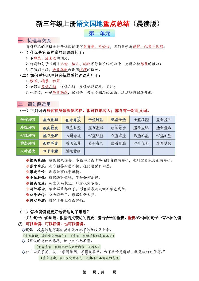 新三上语文1-8单元语文园地重点总结（晨读晚练）20页-墨痕学科