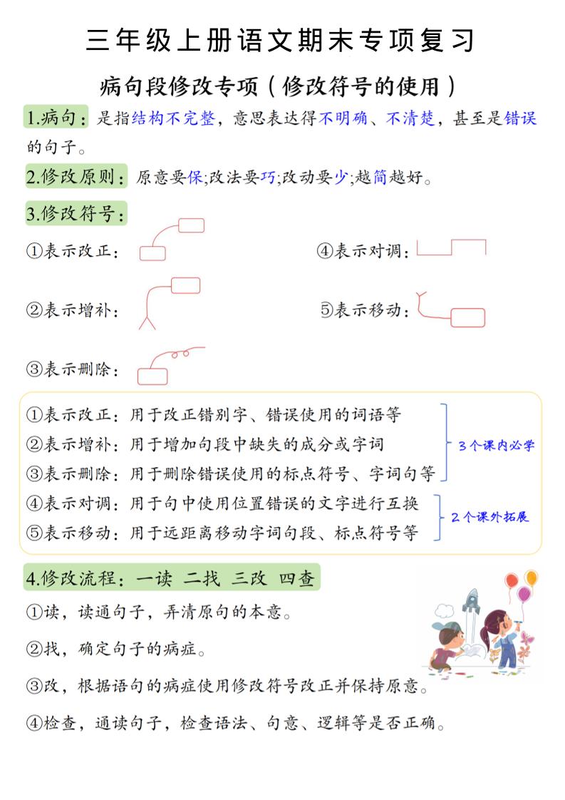 三上语文必考重点病句段修改符号方法及练习-墨痕学科