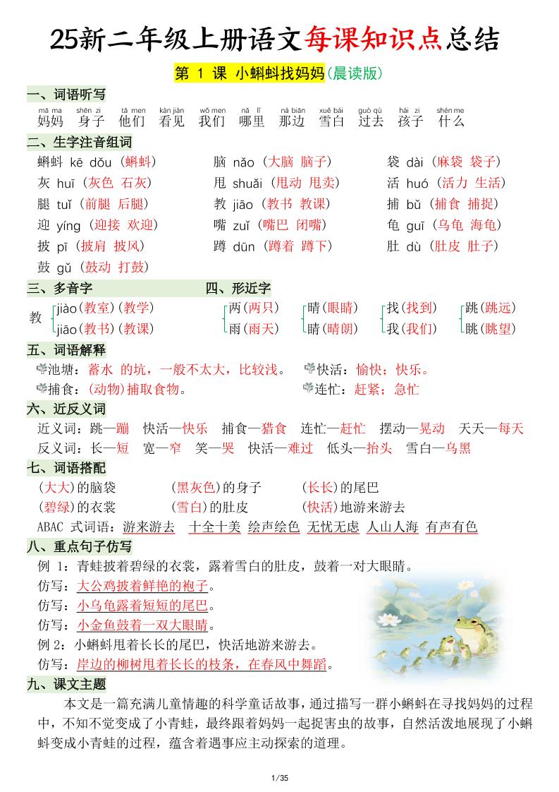 25新二年级上语文每课知识点总结-墨痕学科