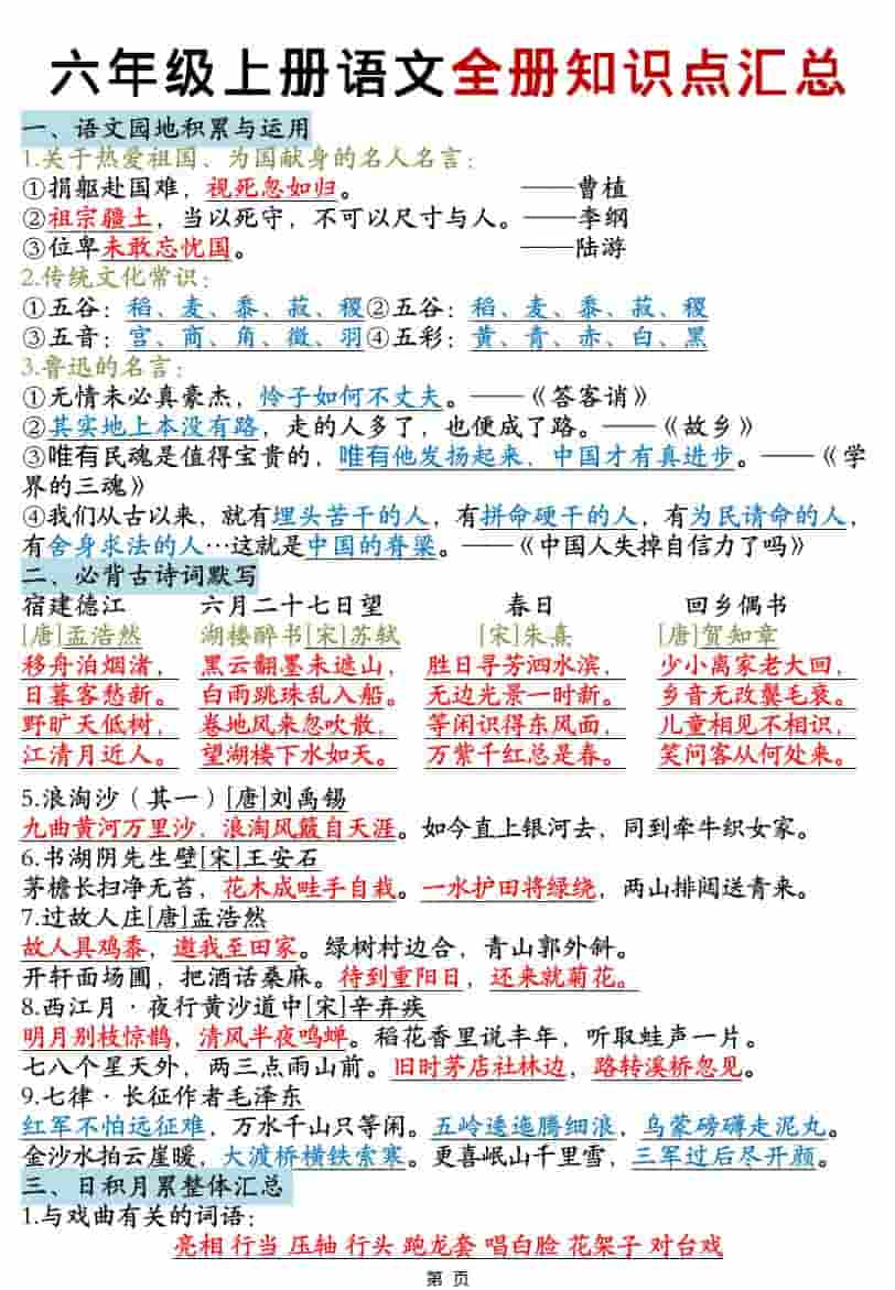 六年级上语文全册知识点汇总-墨痕学科