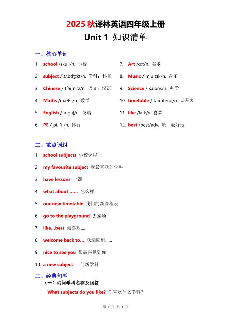 2025秋译林英语四上Unit1知识清单-墨痕学科