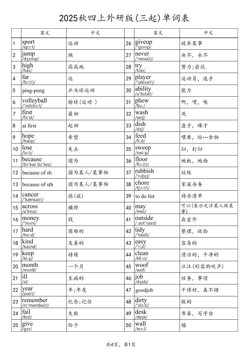 2025秋四上英语外研版(三起)单词表-墨痕学科