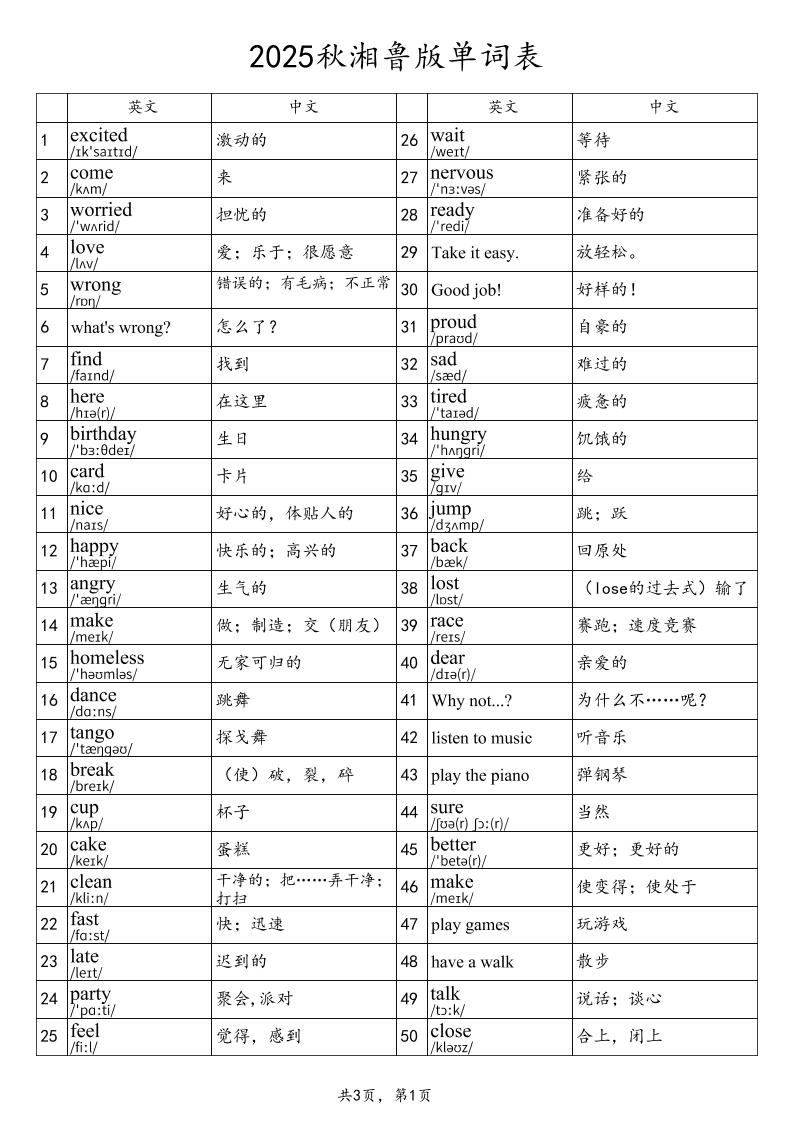 2025秋四上英语湘鲁版单词表-墨痕学科