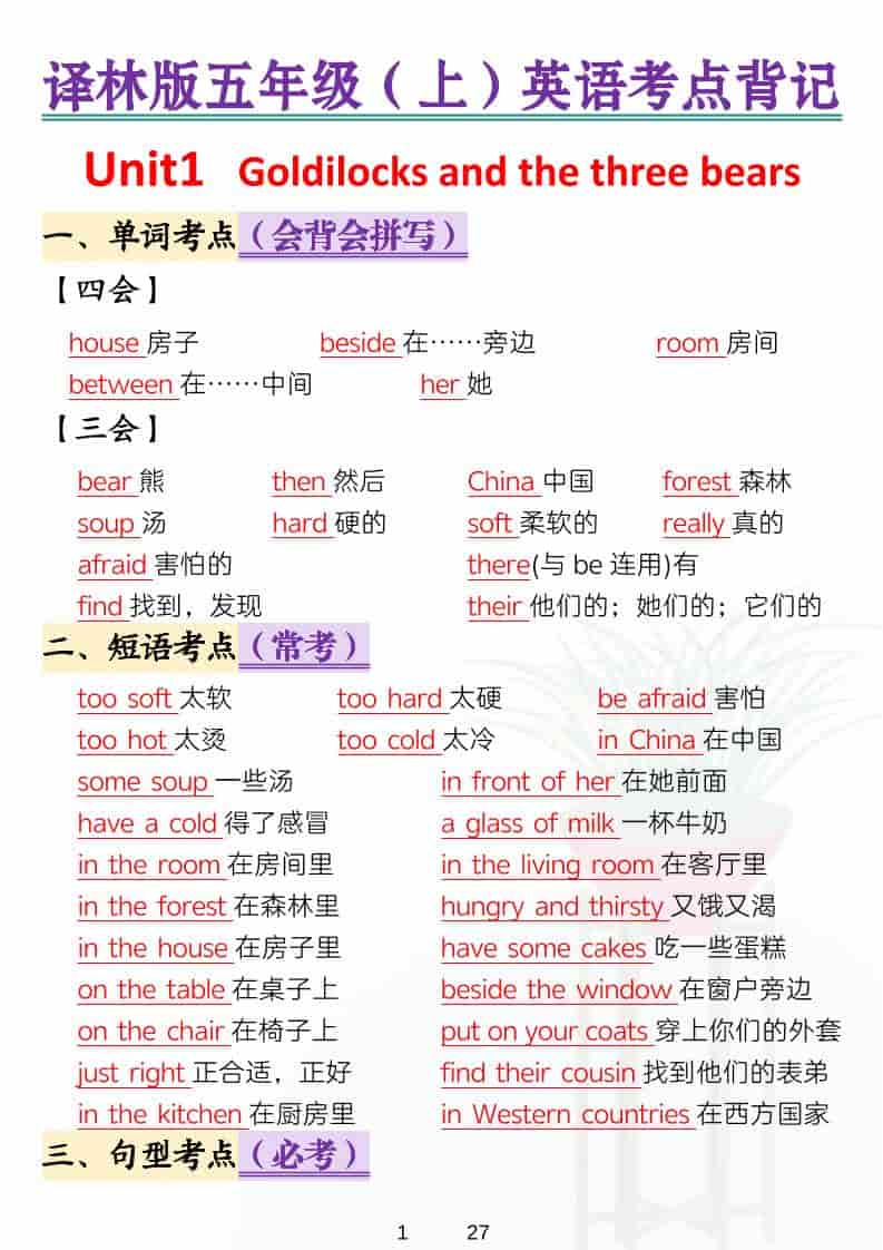 五年级上英语考点背记《译林版》-墨痕学科