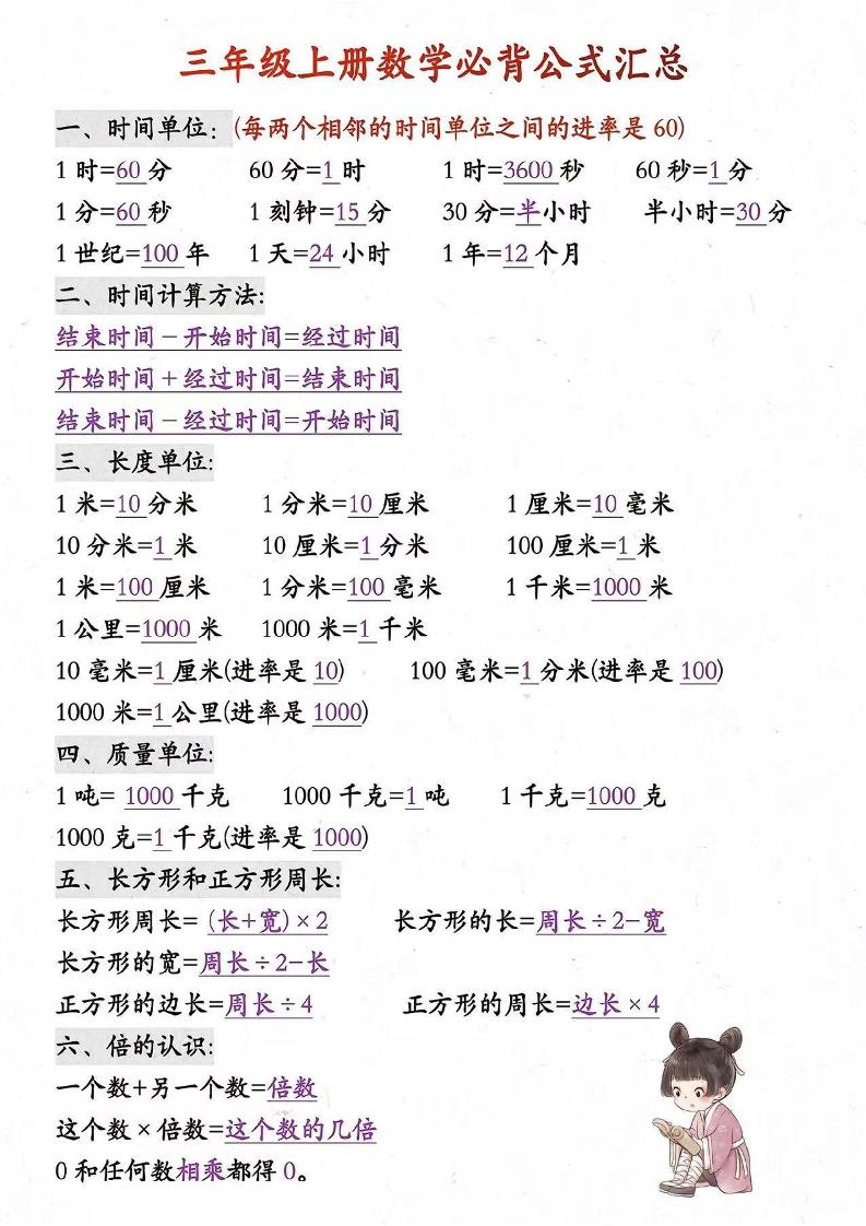 三年级上册数学必背知识汇总-墨痕学科