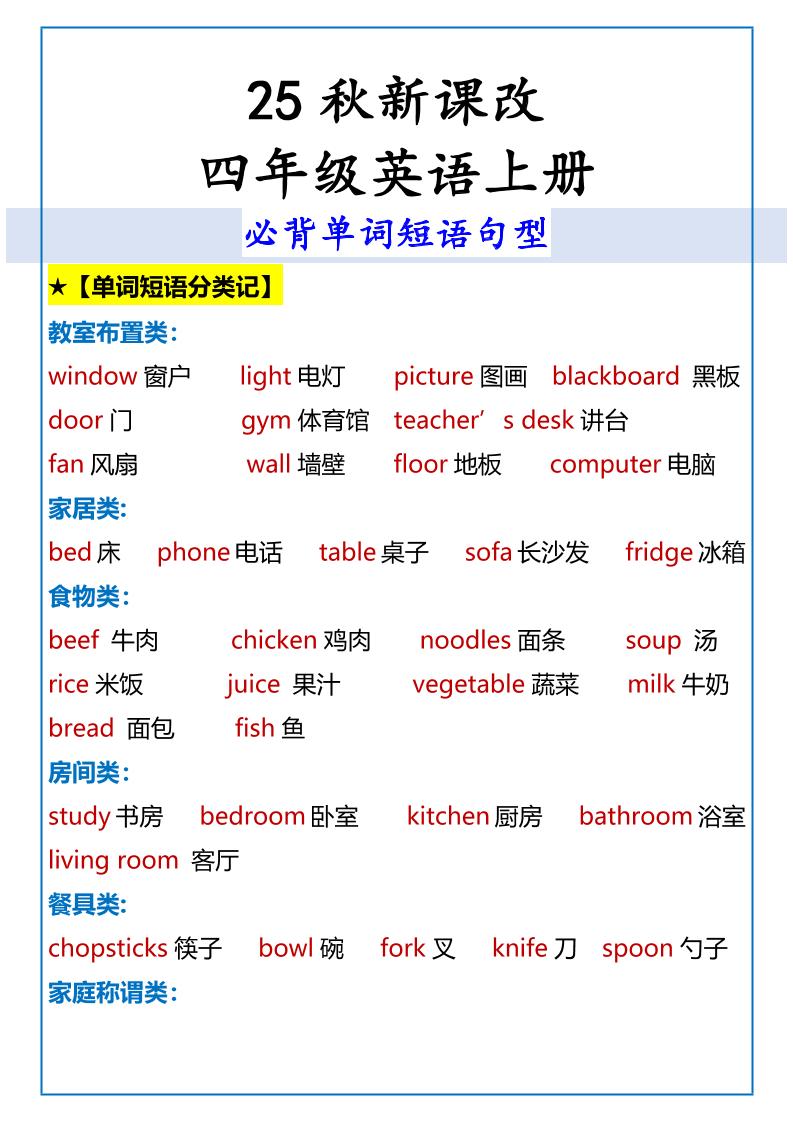 【2025秋新版】四年级英语上册必背单词短语句型-墨痕学科