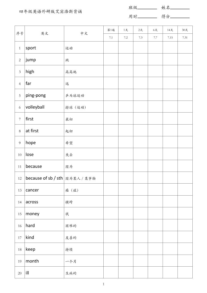 四年级英语外研版艾宾浩斯背诵-四上英语-墨痕学科