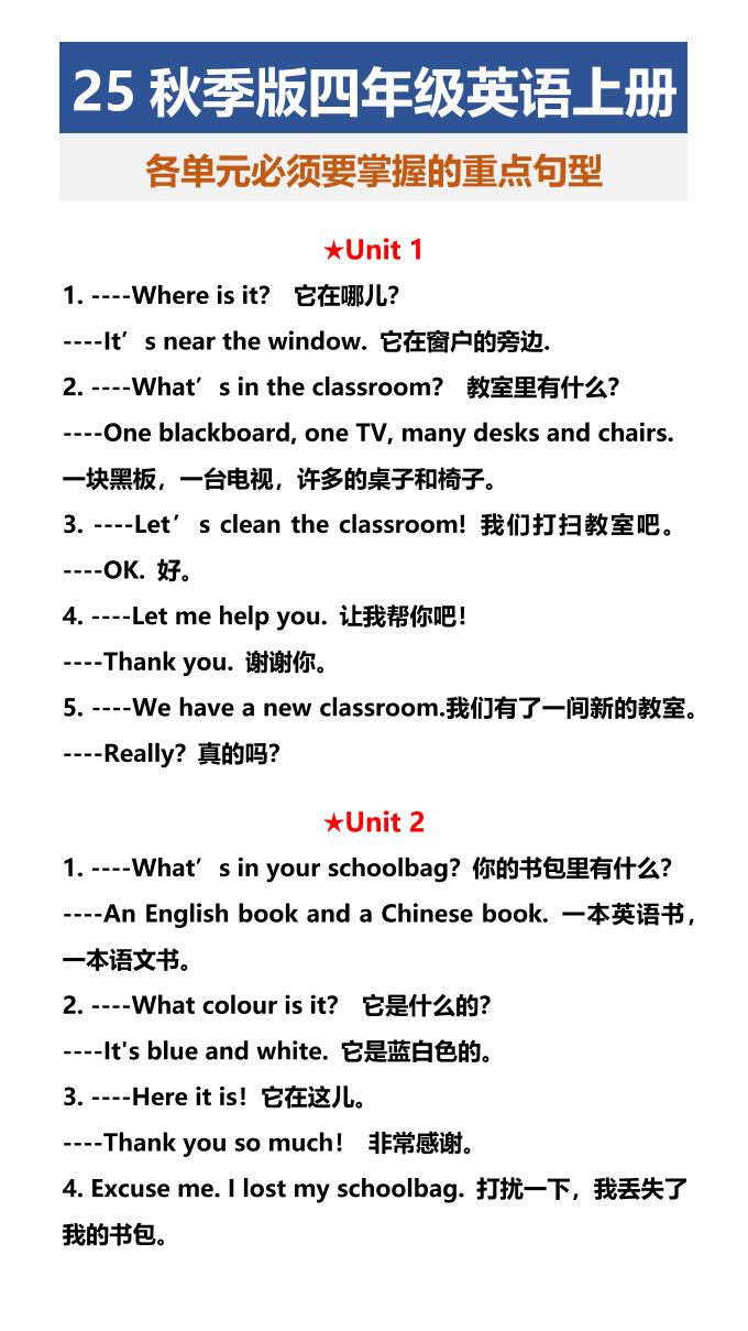 【2025秋新版】四年级英语上册各单元必须要掌握的重点句型-墨痕学科