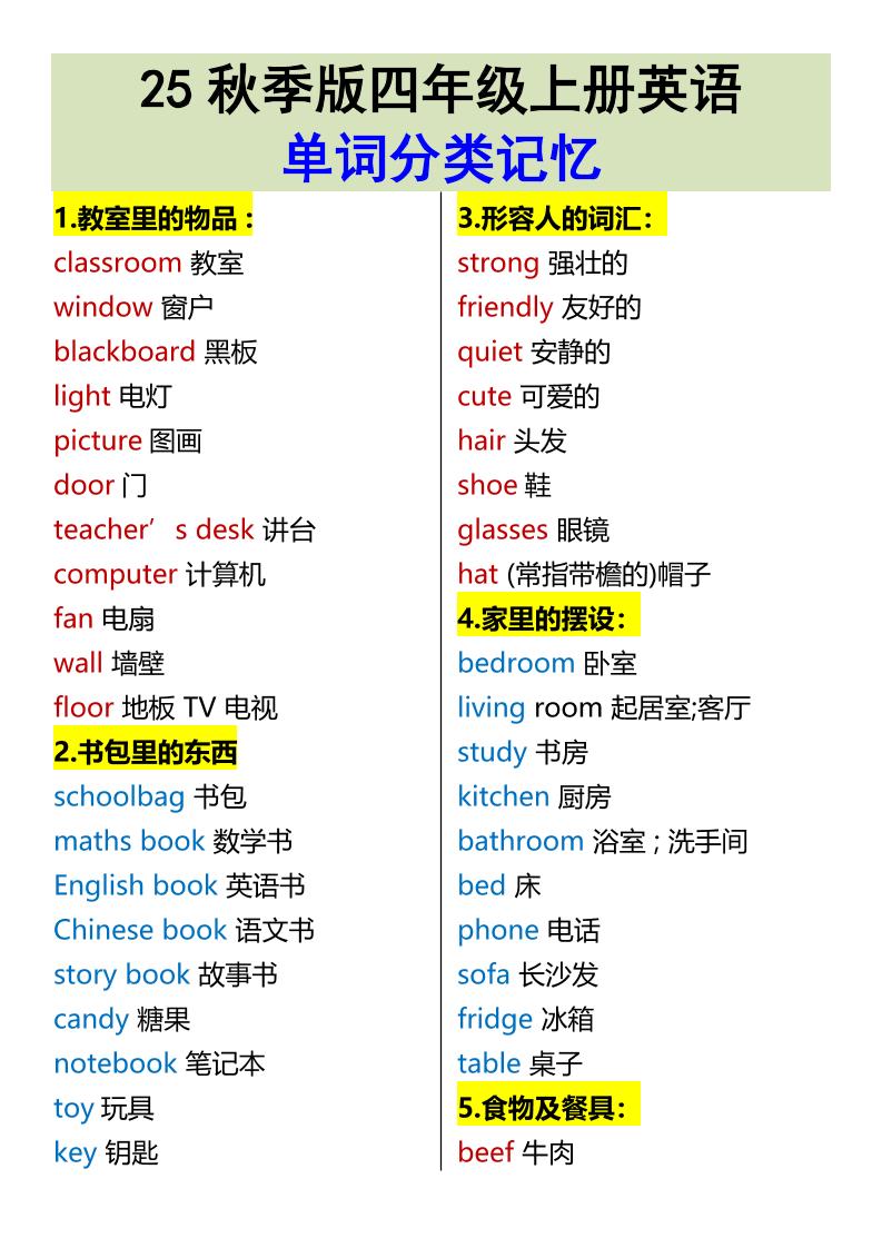 【2025秋新版】四年级上册英语•单词分类记忆-墨痕学科