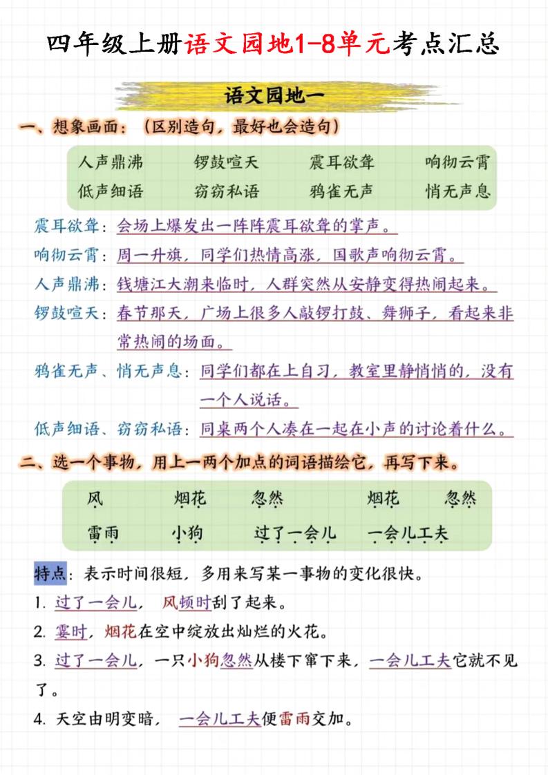 四上语文园地1-8单元考点汇总（15页）-墨痕学科