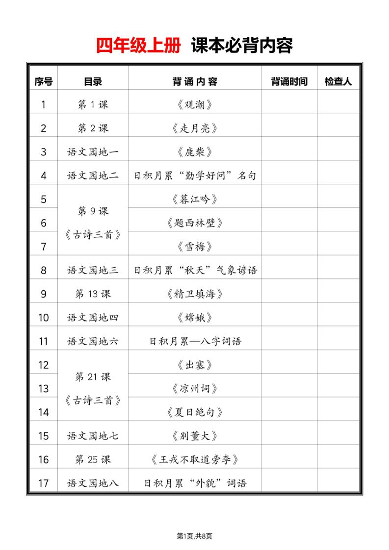 2025四上语文必背课文内容汇总-墨痕学科