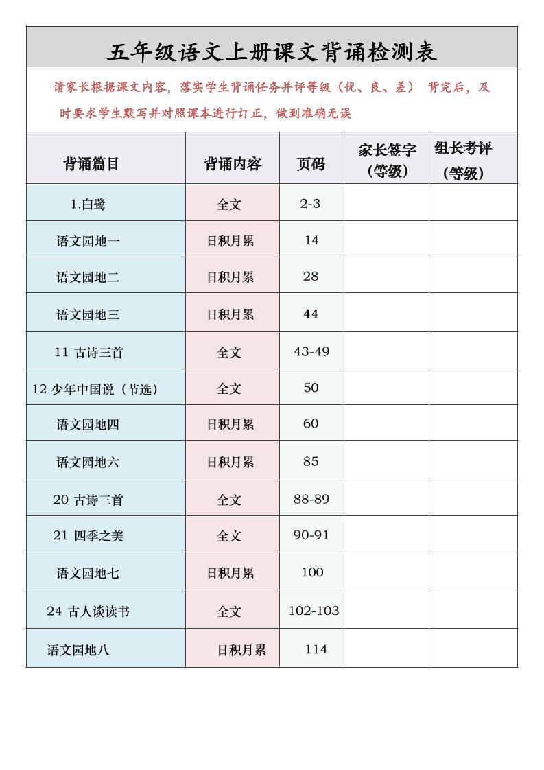 五年级语文上册课文背诵检测表-墨痕学科