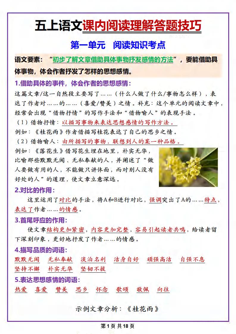 五年级上册语文课内阅读理解答题技巧-墨痕学科