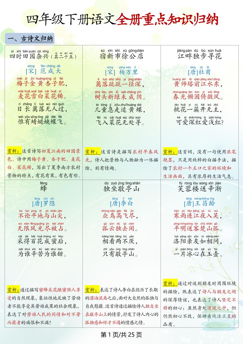 四下语文全册重点知识归纳-墨痕学科