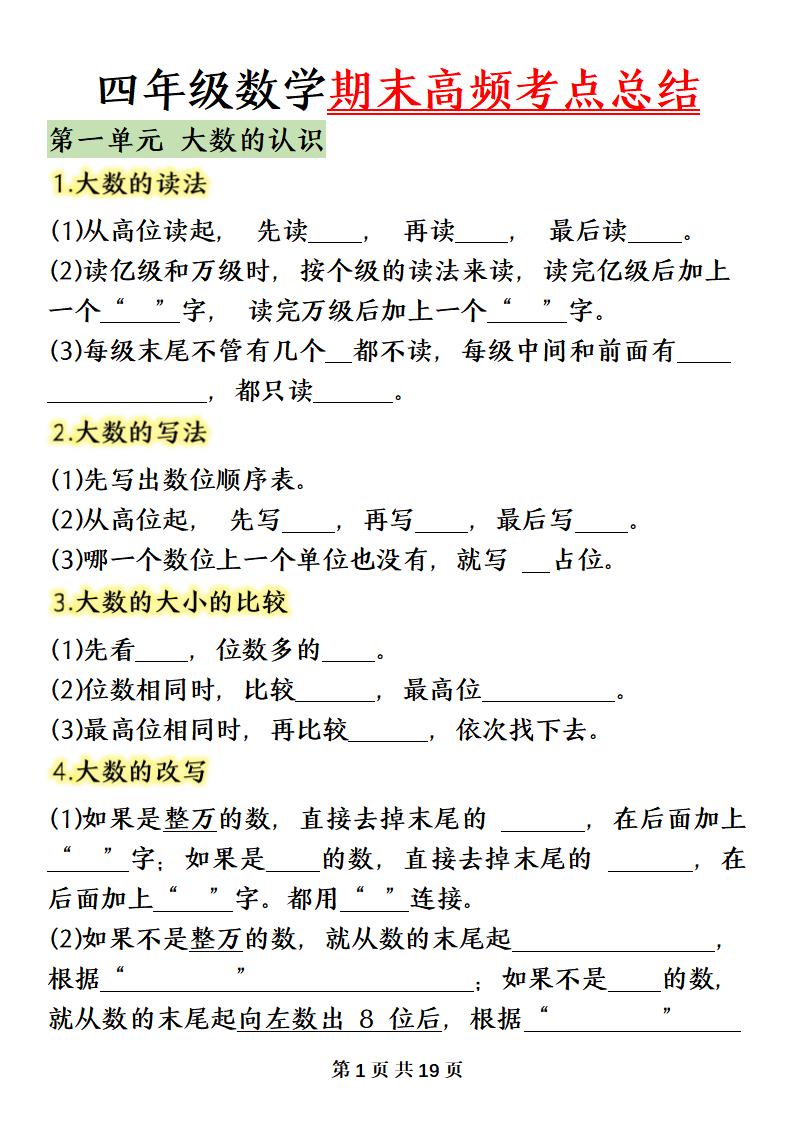 四上数学（人教版）必背知识点总结填空-墨痕学科