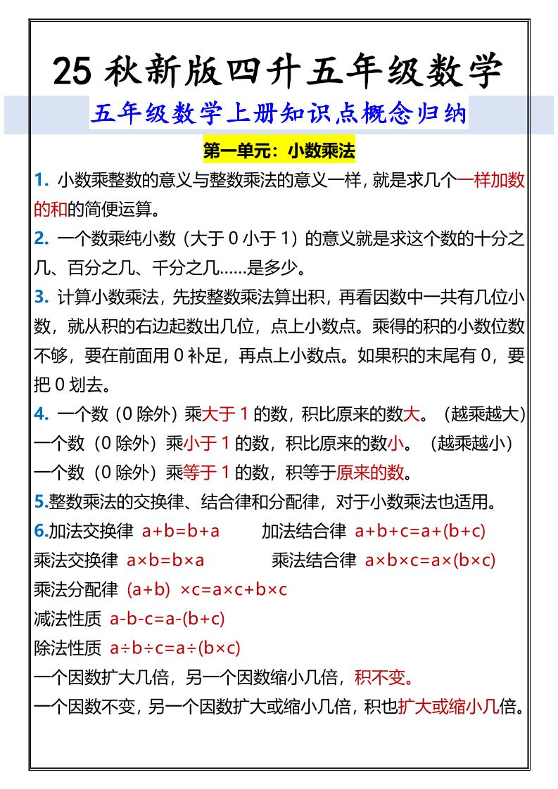 【2025秋新版】五年级数学上册知识点概念归纳-墨痕学科
