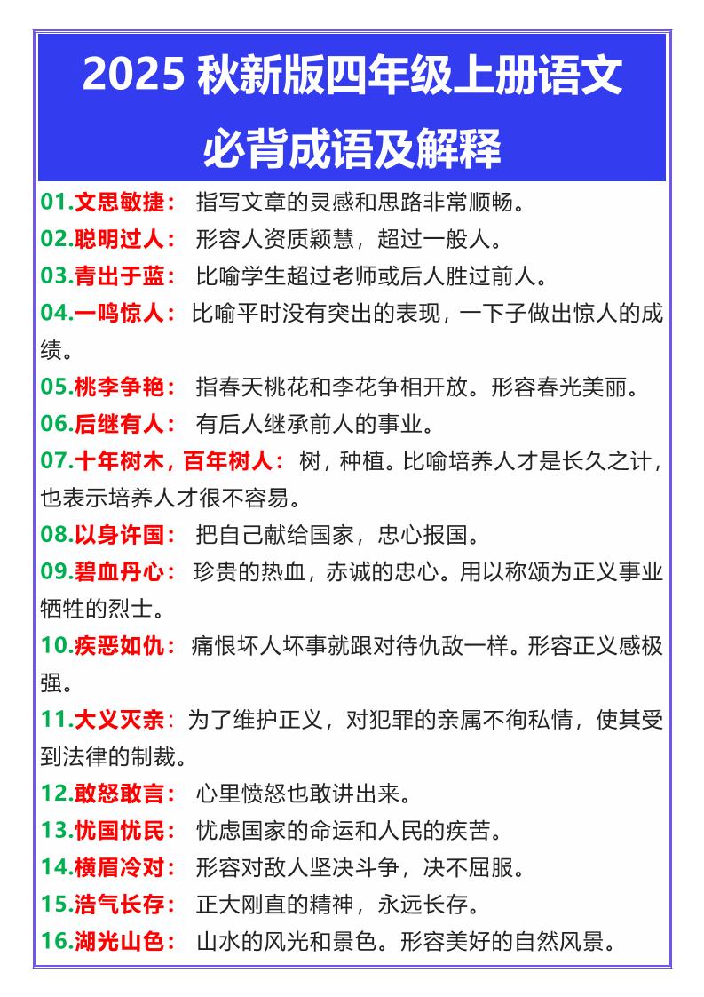 【2025秋新版】四年级上册语文必背成语及解释-墨痕学科