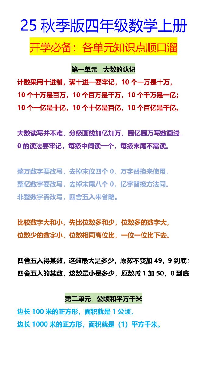 【2025秋新版】四年级数学上册开学必备：各单元知识点顺口溜-墨痕学科
