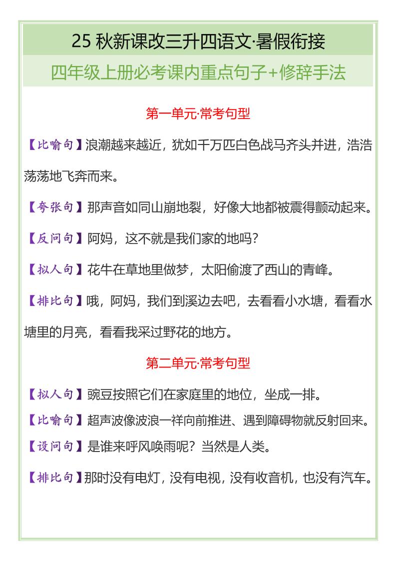【2025秋新版】四年级上册语文必考课内重点句子+修辞手法-墨痕学科