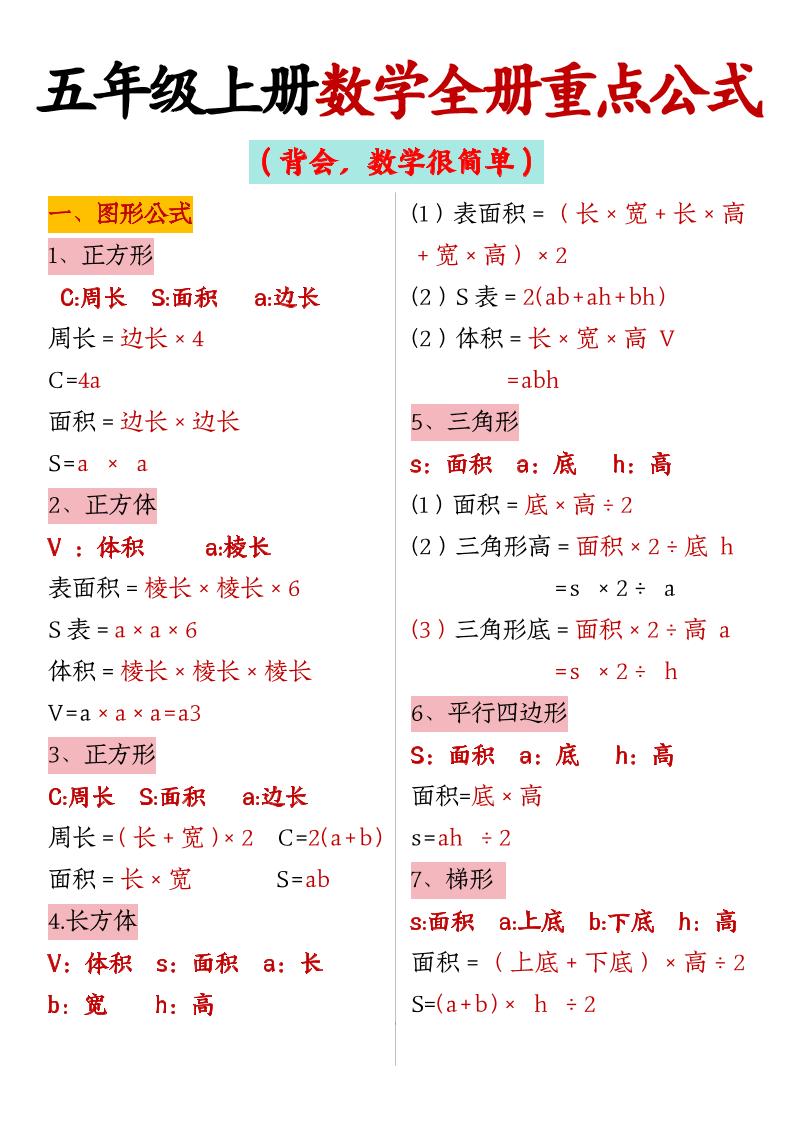 五上数学【全册重点公式】-墨痕学科