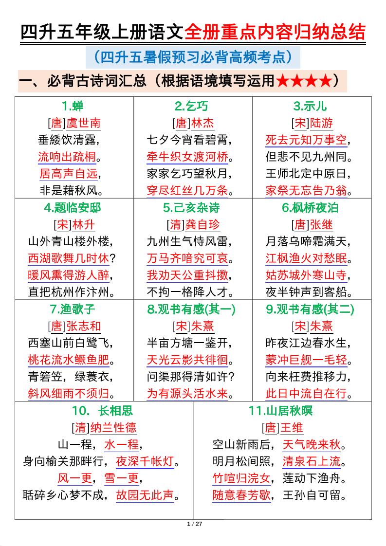 四升五年级上册语文全册重点内容归纳总结输出27页-墨痕学科