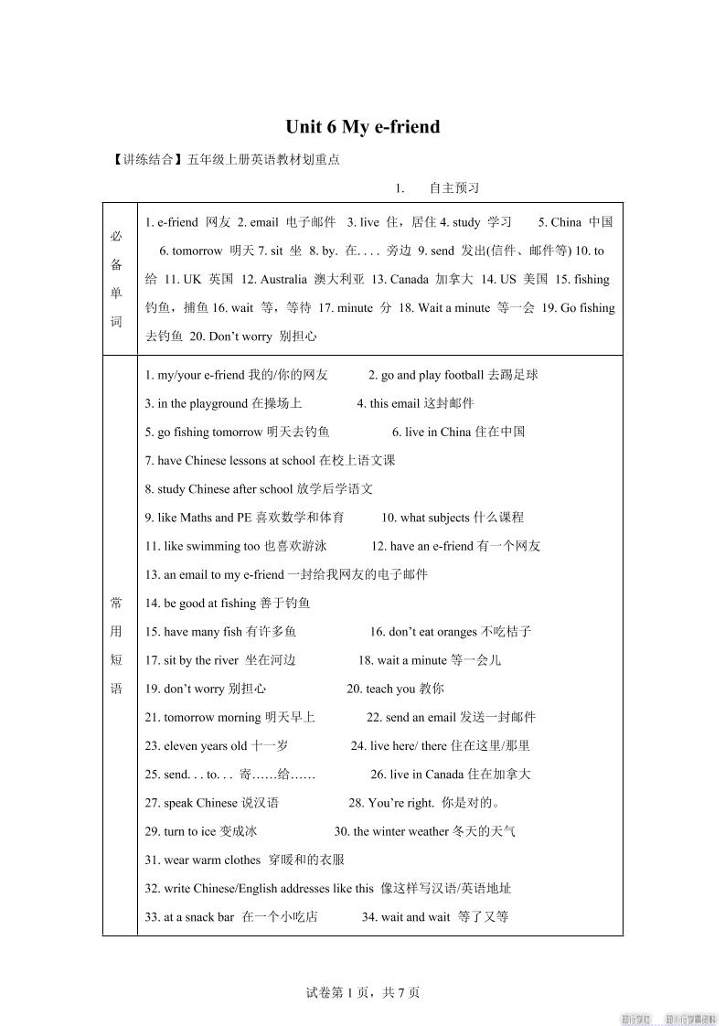 【单元热点难点】译林版（三起）英语五年级上册Unit6Mye-friend教材划重点-墨痕学科